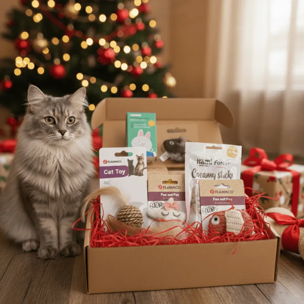 Weihnachtsgeschenkbox f&uuml;r Katzen &ndash; Spielzeuge & Premium-Leckereien