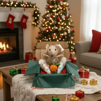 Weihnachtsbox f&uuml;r kleine Hunde &ndash; Weiche Spielzeuge & k&ouml;stliche Leckereien &ndash; Merlin & Cie