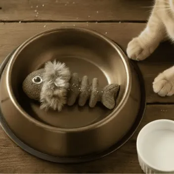 Jouet pour chat &ndash; Ar&ecirc;te de poisson en textile avec cataire (catnip) - Flamingo