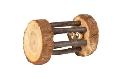Gioco a rullo in legno di corteccia con campanellino &ndash; per conigli e piccoli roditori - Flamingo