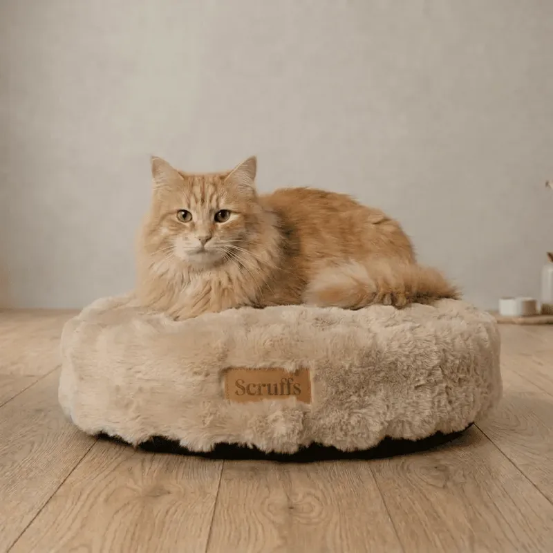 Coussin rond moelleux pour chat &ndash; lit doux et design (taupe ou champagne) - Scruffs