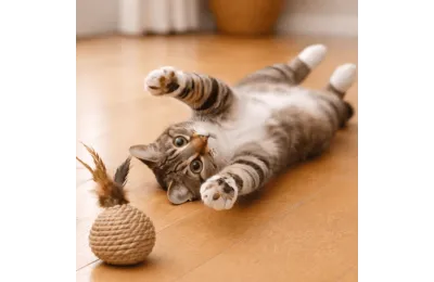 Juguete para gato pelota de cuerda con plumas y sonido de clic - Flamingo