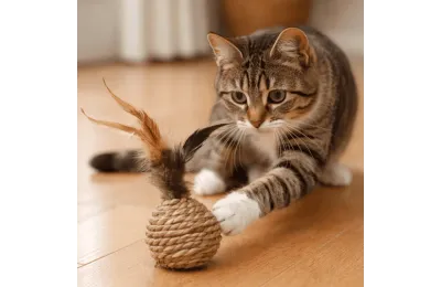 Kattenspeelgoed bal van touw met veren en klikgeluid