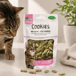 Biscuits pour chats &agrave; l&rsquo;herbe &agrave; chat et au saumon &ndash; forme poisson &ndash; 50 g - Bubimex
