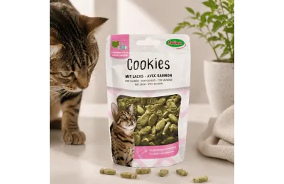 Biscuits pour chats &agrave; l&rsquo;herbe &agrave; chat et au saumon &ndash; forme poisson &ndash; 50 g - Bubimex