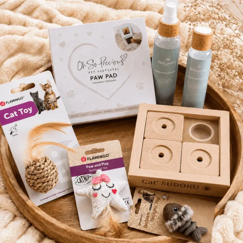 Geschenk-Ensemble Katze Plaisir d&rsquo;offrir | Pflege, Erinnerung & Spielzeug