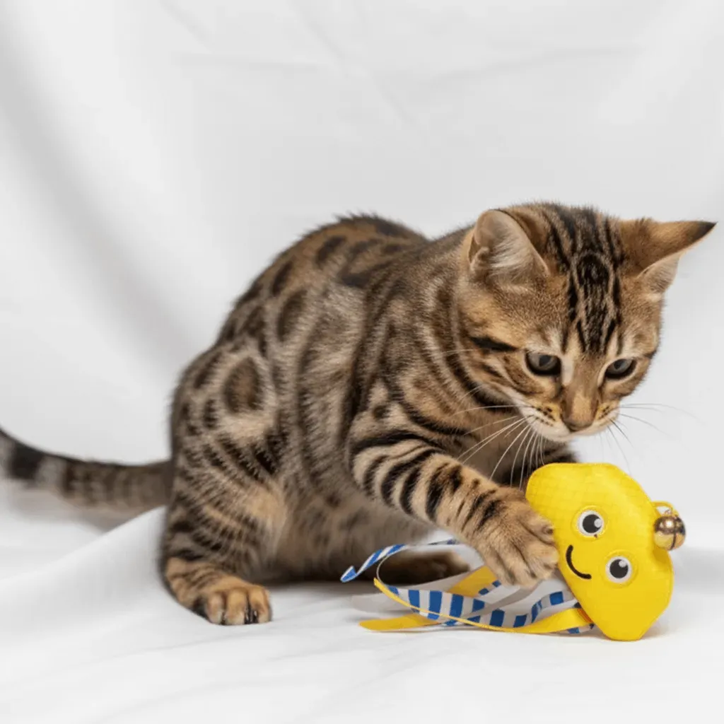 Jouet pour Chats &ndash; Poulpe Jaune avec Clochette, Cataire & Rubans