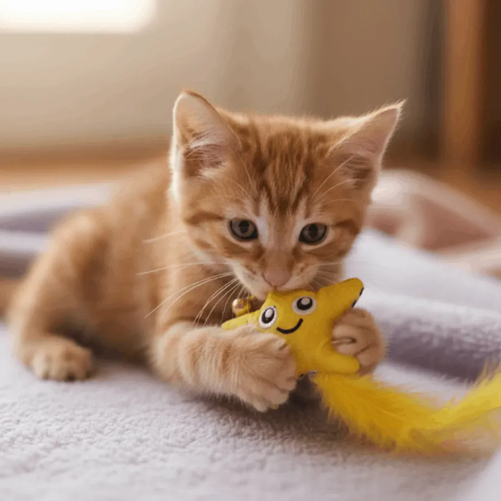 Spielzeug f&uuml;r Katzen &ndash; Gelber Stern mit Gl&ouml;ckchen, Katzenminze & Federn - Flamingo