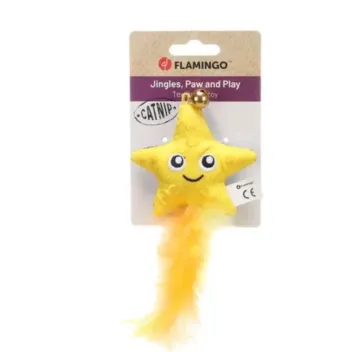 Spielzeug f&uuml;r Katzen &ndash; Gelber Stern mit Gl&ouml;ckchen, Katzenminze & Federn - Flamingo