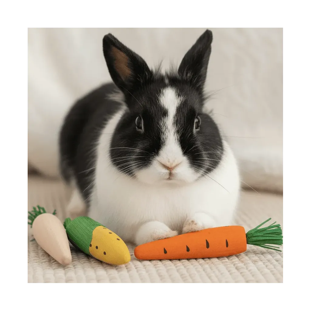 Jouet Festif &agrave; m&acirc;cher pour Lapins - Trois Carottes en bois et ma&iuml;s