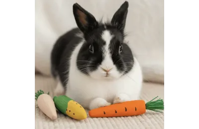 Jouet Festif &agrave; m&acirc;cher pour Lapins - Trois Carottes en bois et ma&iuml;s