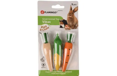 Festliches Nagespielzeug f&uuml;r Kaninchen &ndash; Drei Karotten aus Holz & Mais - Flamingo