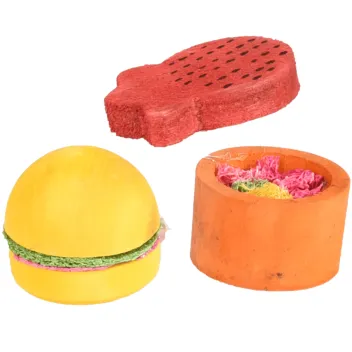 Rabbit Chew Toy Set (x3) | Pine Wood & Loofah | Dental Enrichment – Strawberry, Burger & Pot