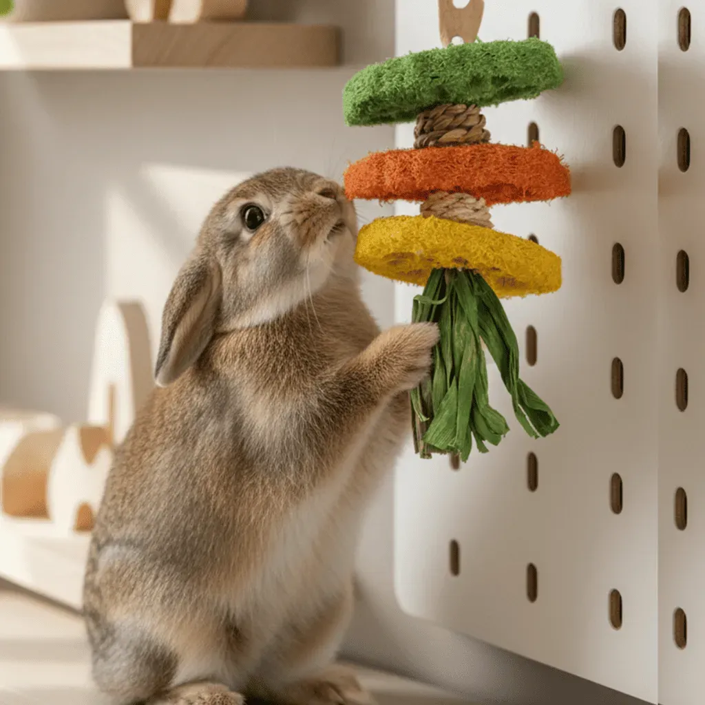 Hangspeelgoed voor Konijnen &ndash; Luffa Schijven met Ma&iuml;sblad | Merlin&Cie