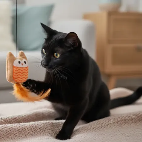 Jouet Hibou pour Chats &ndash; Plume, li&egrave;ge, cataire et &eacute;lastique