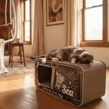 Escondite y rascador 2 en 1 para gatos - Lata de sardinas - Fabricado con cart&oacute;n reciclado - District 70
