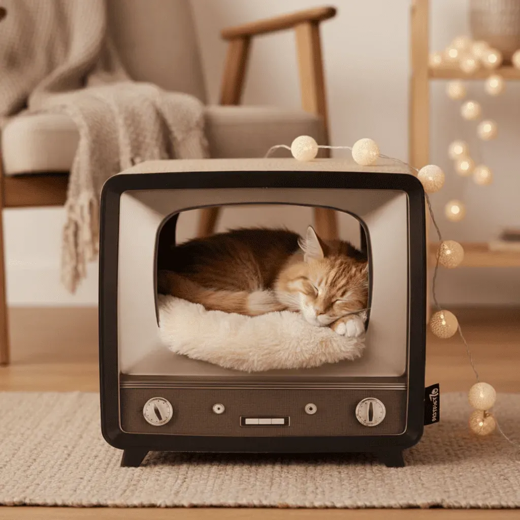 Kattenhuis Retro TV &ndash; Gerecycled Karton | Krabmeubel & Schuilplek | Merlin&Cie