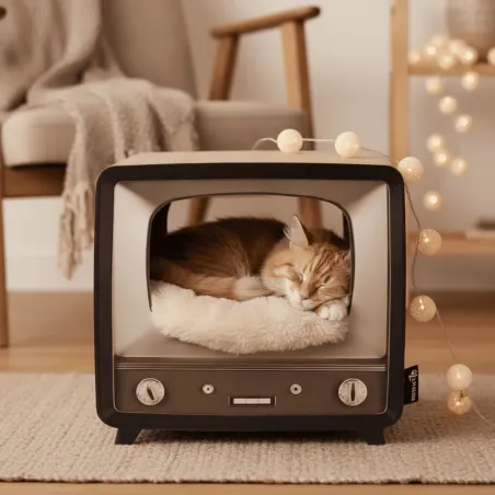 Maison et griffoir pour chat en carton recycl&eacute; - Design TV r&eacute;tro