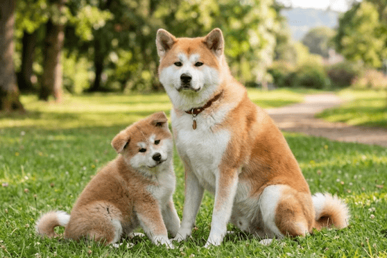 Dos perros Akita Inu: un cachorro y un adulto.